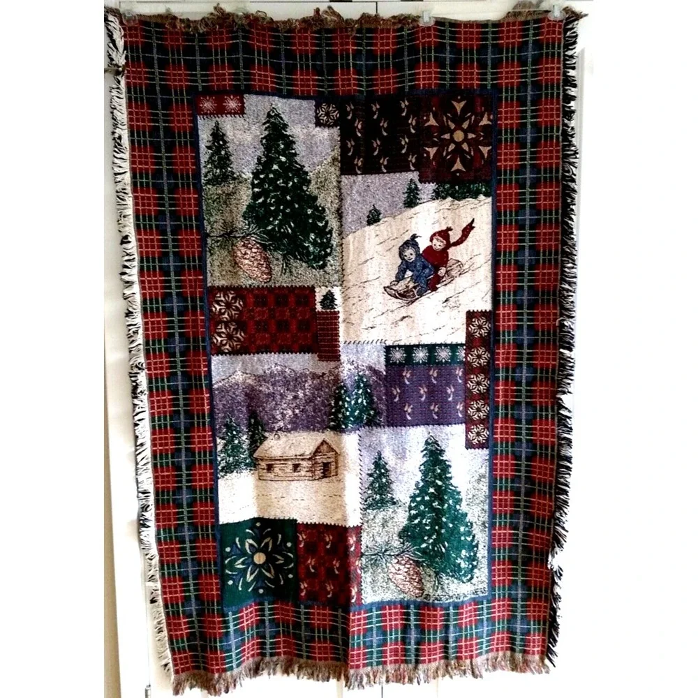 Goodwin Weavers Tapestry Throw Blanket Christmas 100% Cotton Plaid Green Red USA
